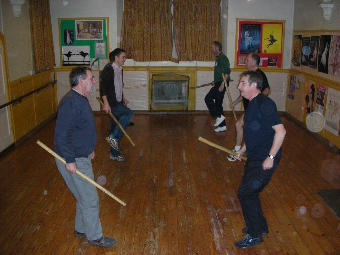 holt morris practice with sticks at the Mount Pleasant Social Club, Bradford-on-Avon